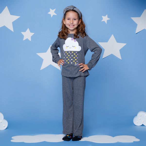 Pijama Infantil Manga Longa Mescla Escuro Nuvem