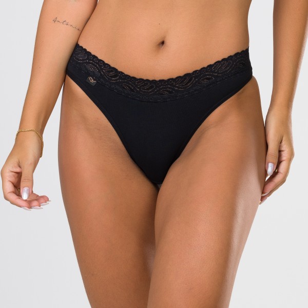 Tanga em Algodão Egípcio Preto com renda na cintura