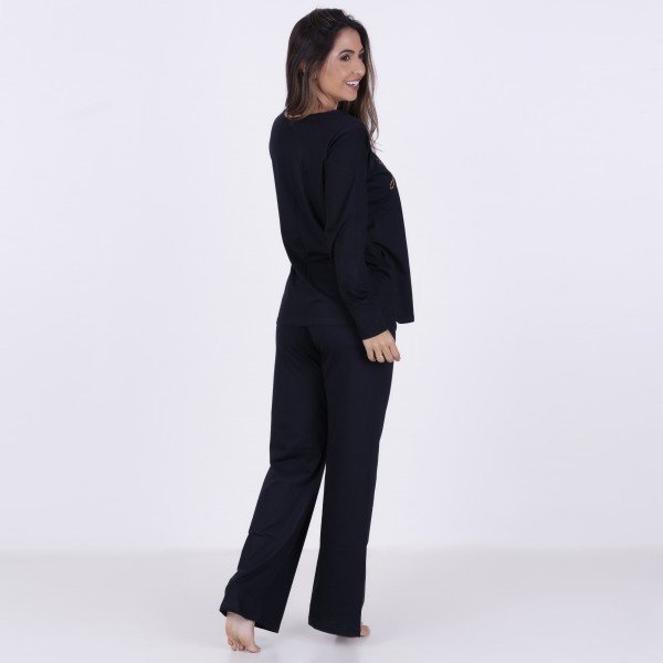 Pijama Longo em Algodão Com Estampa em Silk + Strass