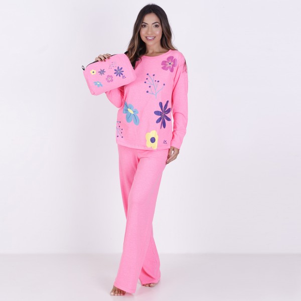 Pijama Longo Algodão com Estampa em Silk + Necessaire
