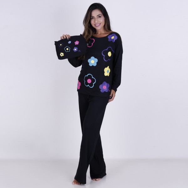 Pijama Longo Algodão com Estampa em Silk + Necessaire
